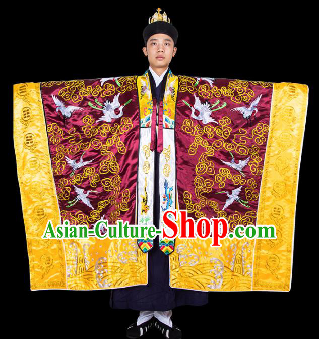 Chinese Traditional Taoism Costume National Taoist Priest Embroidered Cranes Wine Red Cassock for Men