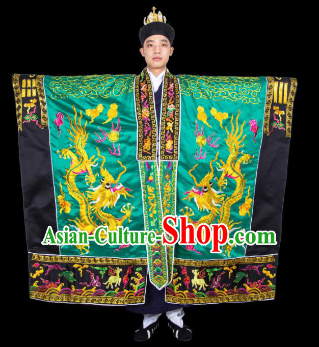 Chinese Traditional Taoism Costume National Taoist Priest Embroidered Dragons Green Cassock for Men