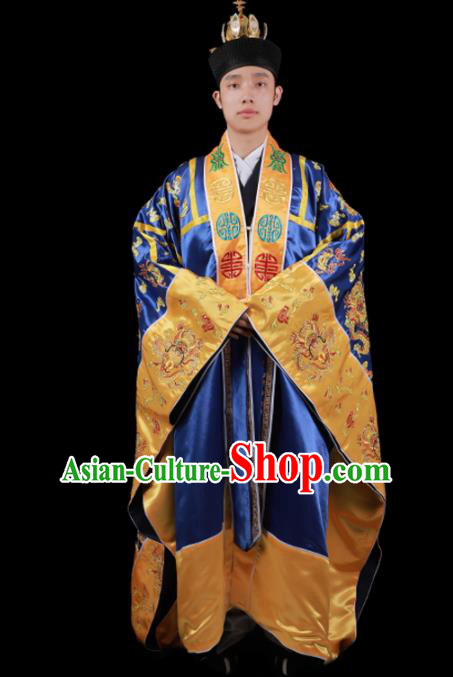 Chinese Traditional Taoism Costume National Taoist Priest Embroidered Dragons Royal Blue Cassock for Men