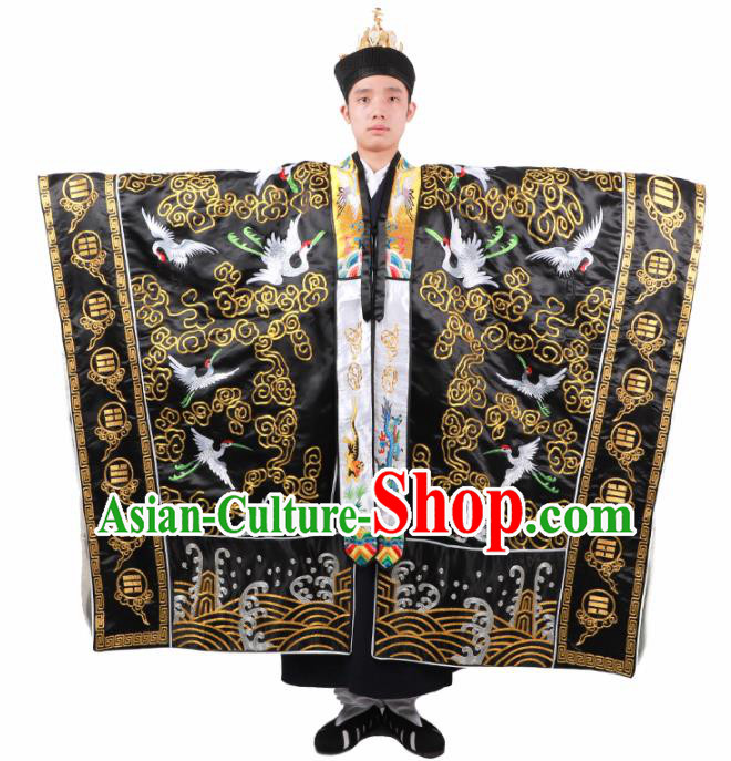Chinese Traditional Taoism Costume National Taoist Priest Embroidered Cranes Black Cassock for Men