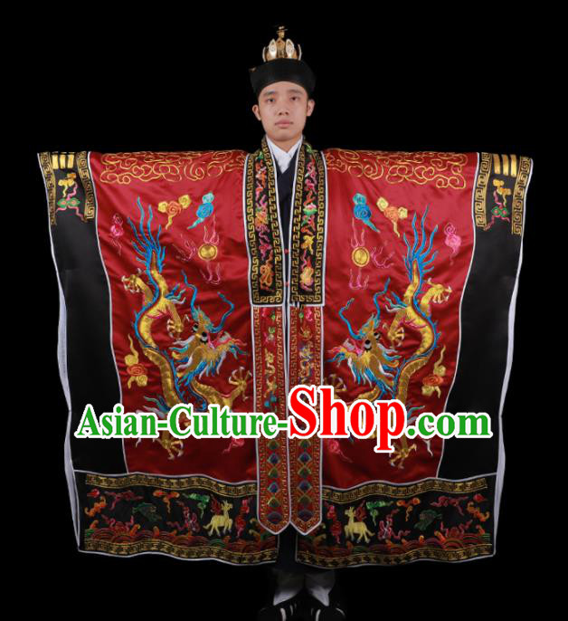Chinese Traditional Taoism Costume National Taoist Priest Embroidered Cranes Dragons Wine Red Cassock for Men