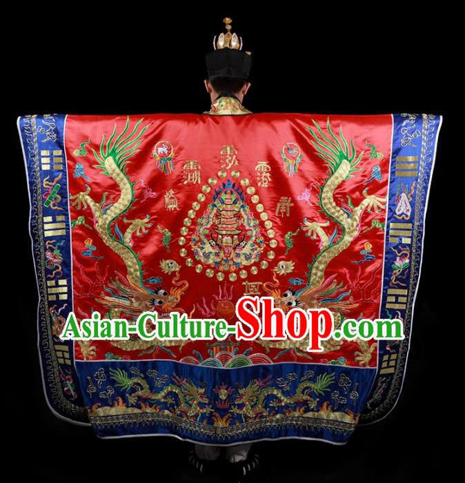 Chinese National Taoist Priest Embroidered Dragons Red Cassock Traditional Taoism Costume for Men