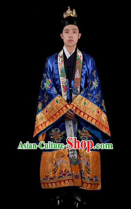 Chinese National Taoist Priest Embroidered Cranes Royalblue Cassock Traditional Taoism Costume for Men