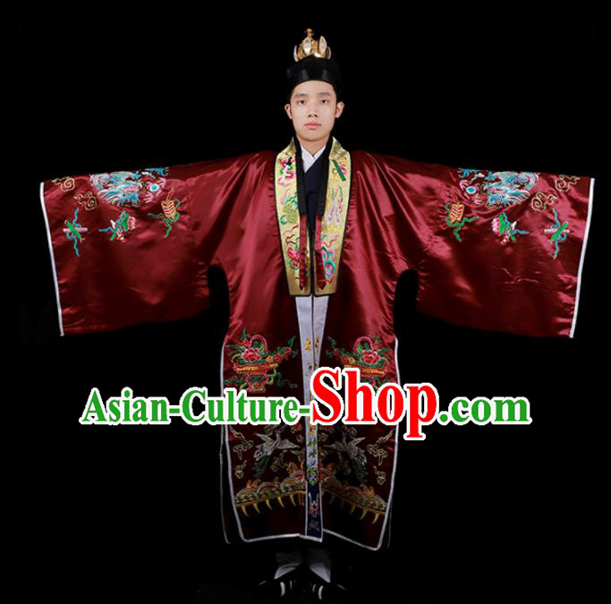 Chinese National Taoist Priest Embroidered Cranes Wine Red Cassock Traditional Taoism Costume for Men