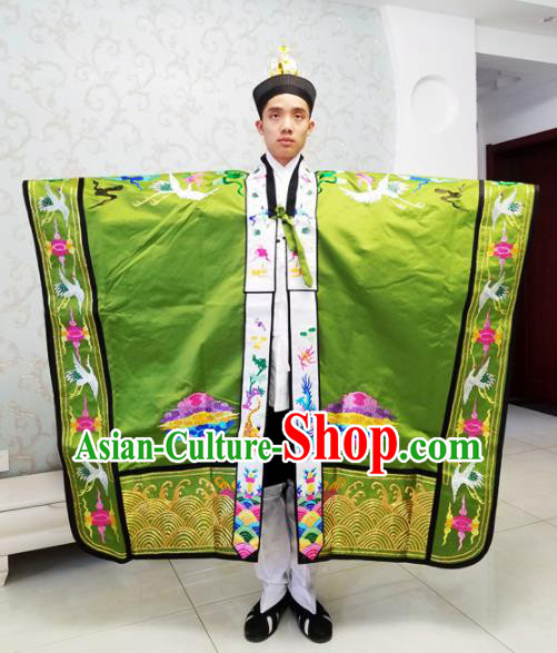 Chinese National Taoism Embroidered Cranes Green Cassock Traditional Taoist Priest Rites Costume for Men