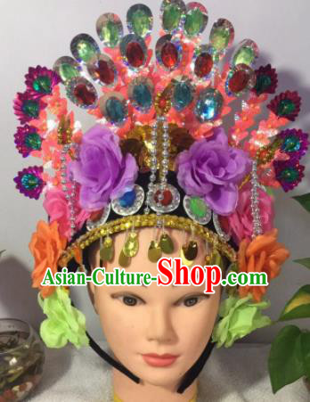 Chinese Traditional Beijing Opera Peri Purple Peony Phoenix Coronet Headwear Peking Opera Diva Hair Accessories for Kids