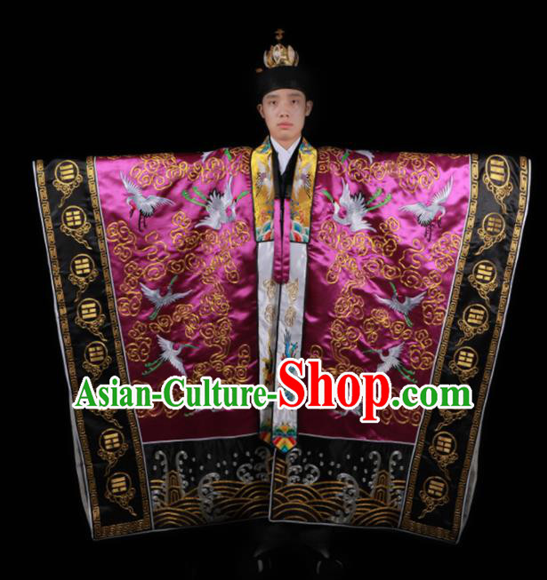 Chinese National Taoism Embroidered Cranes Rosy Cassock Traditional Taoist Priest Rites Costume for Men