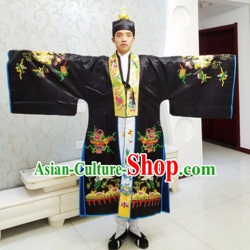 Chinese National Taoism Embroidered Black Cassock Traditional Taoist Priest Rites Costume for Men