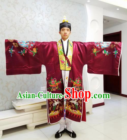 Chinese National Taoism Embroidered Wine Red Cassock Traditional Taoist Priest Rites Costume for Men