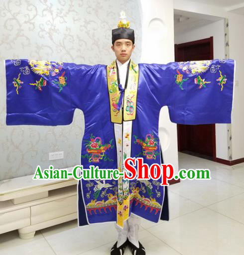 Chinese National Taoism Embroidered Royalblue Cassock Traditional Taoist Priest Rites Costume for Men