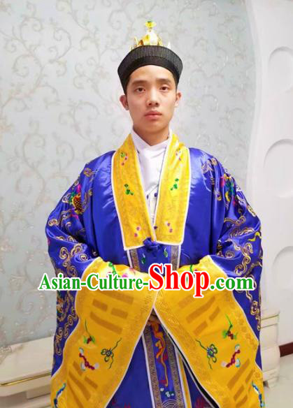 Chinese National Taoism Embroidered Dragons Deep Blue Priest Frock Cassock Traditional Taoist Priest Rites Costume for Men