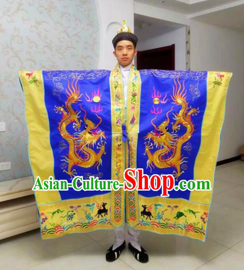 Chinese National Taoism Embroidered Dragons Royalblue Priest Frock Cassock Traditional Taoist Priest Rites Costume for Men