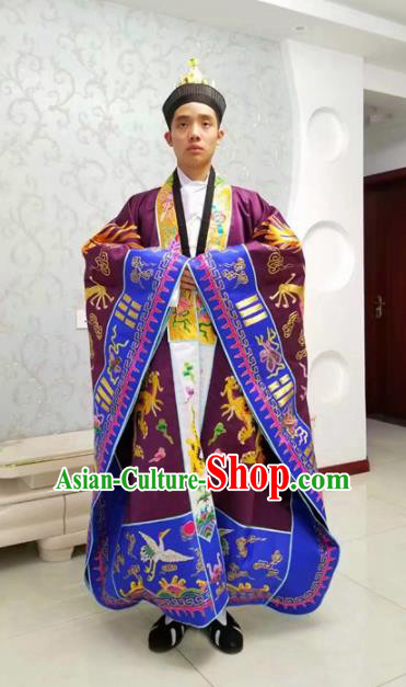 Chinese National Taoism Priest Frock Embroidered Purple Cassock Traditional Taoist Priest Rites Costume for Men
