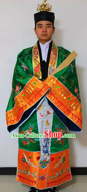 Chinese National Taoism Priest Frock Embroidered Tower Green Cassock Traditional Taoist Priest Rites Costume for Men