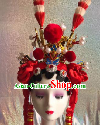 Chinese Traditional Beijing Opera Red Phoenix Coronet Headwear Peking Opera Diva Hair Accessories for Kids