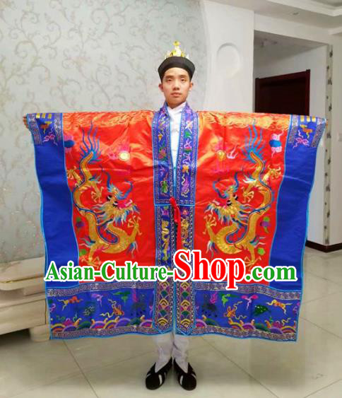 Chinese National Taoism Priest Frock Embroidered Dragons Red Cassock Traditional Taoist Priest Rites Costume for Men