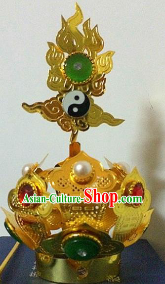 Chinese Traditional Taoism Headwear National Taoist Priest Bagua Golden Hairdo Crown for Men