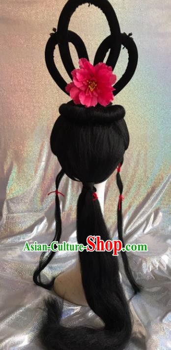 Chinese Traditional Beijing Opera Princess Wigs and Pink Peony Hairpins Peking Opera Diva Hair Accessories for Women