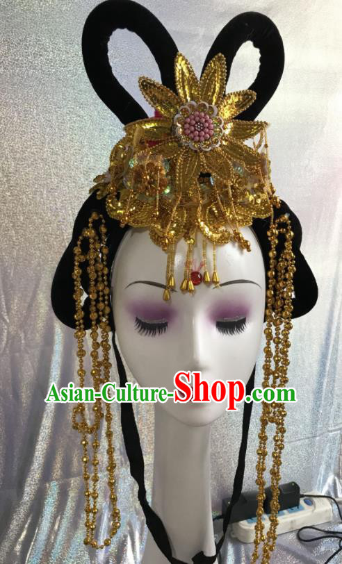 Chinese Traditional Beijing Opera Nobility Lady Wigs and Golden Tassel Hairpins Peking Opera Princess Hair Accessories for Women