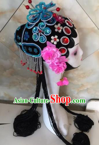 Chinese Traditional Beijing Opera Blue Butterfly Hairpins and Wigs Sheath Peking Opera Princess Hair Accessories for Women