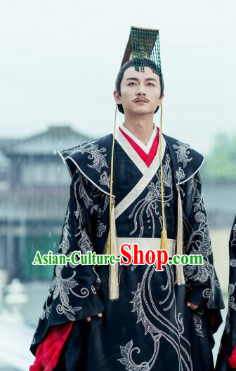 Drama Queen Dugu Chinese Sui Dynasty Emperor Yang Jian Hanfu Ancient King Historical Costume and Headpiece for Men