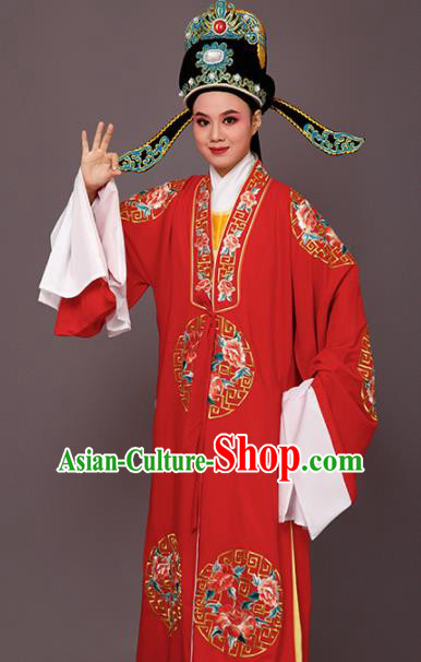 Chinese Traditional Peking Opera Niche Embroidered Peony Red Robe Beijing Opera Scholar Costume for Men
