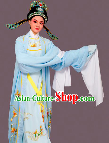 Chinese Traditional Peking Opera Embroidered Orchid Blue Robe Beijing Opera Niche Costume for Men