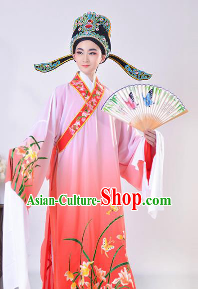 Chinese Traditional Peking Opera Gifted Scholar Embroidered Orchid Rosy Robe Beijing Opera Niche Costume for Men