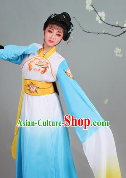 Chinese Traditional Shaoxing Opera Palace Lady Embroidered Blue Dress Beijing Opera Court Maid Costume for Women