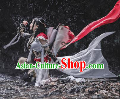 Chinese Traditional Cosplay Female Knight Embroidered White Dress Ancient Swordswoman Costume for Women