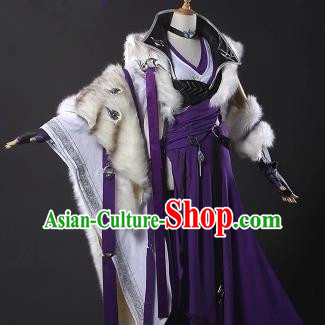Chinese Traditional Cosplay Female Knight Embroidered Purple Dress Ancient Swordswoman Winter Costume for Women