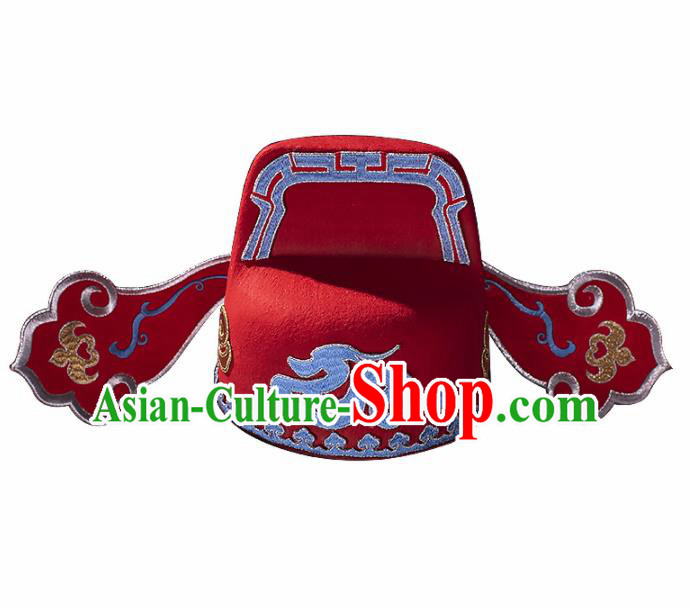 Chinese Traditional Beijing Opera Gifted Scholar Headwear Ancient Cosplay Nobility Childe Red Hat for Men