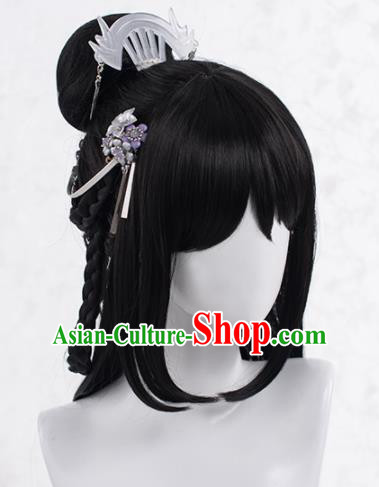 Chinese Traditional Cosplay Female Knight Wigs Ancient Peri Wig Sheath and Hairpins Hair Accessories for Women