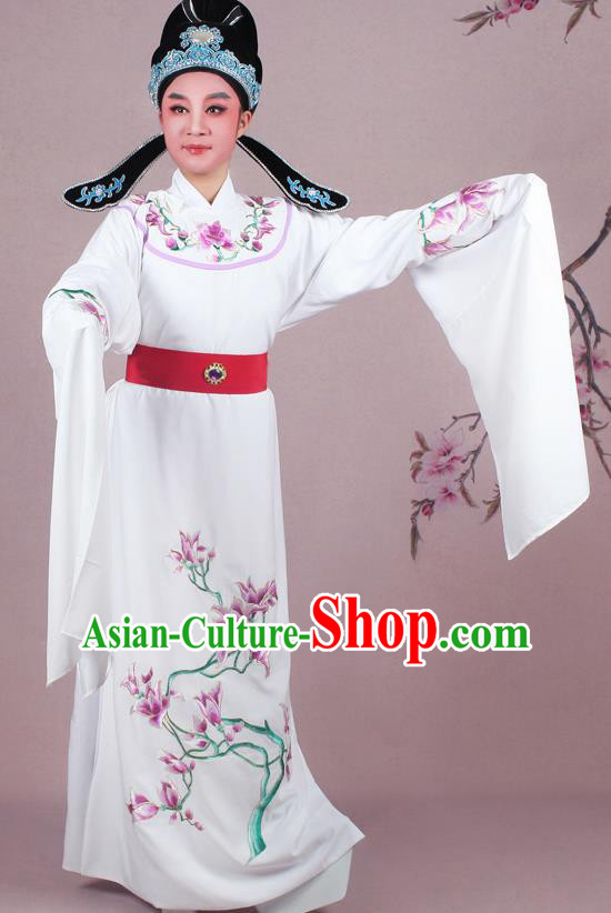 Chinese Traditional Peking Opera Nobility Childe White Robe Beijing Opera Niche Embroidered Mangnolia Costume for Men