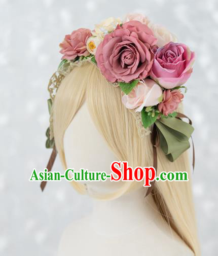 Japanese Traditional Cosplay Princess Wigs Ancient Kimono Wig Sheath and Pink Peony Hairpins Hair Accessories for Women