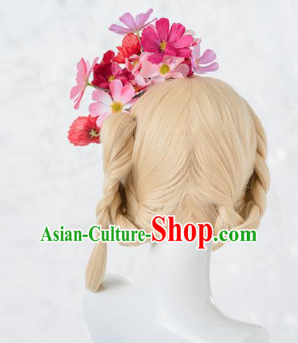 Japanese Traditional Cosplay Princess Wigs Ancient Kimono Wig Sheath and Pink Rose Hairpins Hair Accessories for Women