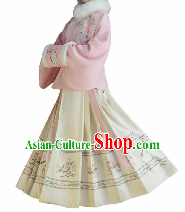 Chinese Traditional Ming Dynasty Pink Blouse and Beige Skirt Ancient Nobility Lady Costume for Women