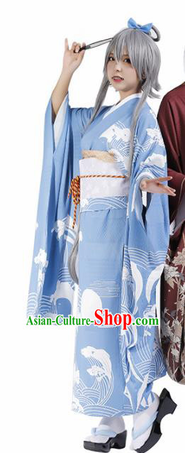 Traditional Halloween Cosplay Swordswoman Costume Japanese Kimono Blue Yukata Dress for Women