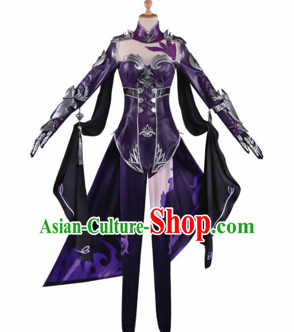 Traditional Halloween Cosplay Swordswoman Costume Chinese Ancient Princess Purple Hanfu Dress for Women