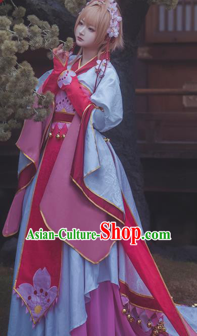 Traditional Halloween Cosplay Swordswoman Costume Chinese Ancient Princess Pink Hanfu Dress for Women