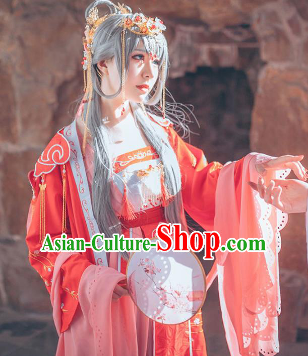 Traditional Halloween Cosplay Swordswoman Costume Chinese Ancient Court Princess Red Hanfu Dress for Women