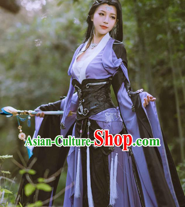 Chinese Traditional Cosplay Peri Princess Costume Ancient Swordswoman Purple Hanfu Dress for Women