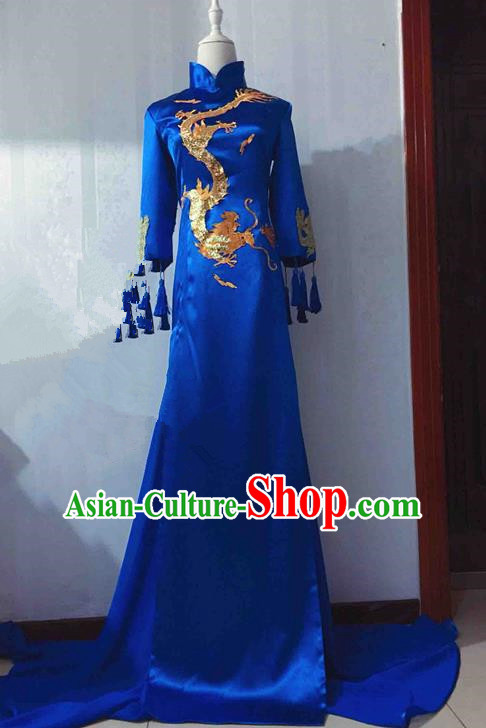 Traditional Chinese Modern Fancywork Costume National Embroidered Dragon Blue Qipao Dress for Women