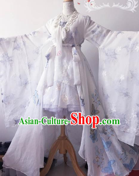 Traditional Halloween Cosplay Peri Costume Ancient Princess White Hanfu Dress for Women
