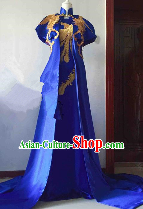 Traditional Chinese Modern Fancywork Costume Embroidered Phoenix Royalblue Full Dress for Women
