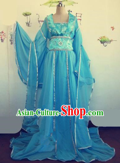 Chinese Traditional Cosplay Apsaras Costume Ancient Tang Dynasty Imperial Consort Blue Hanfu Dress for Women
