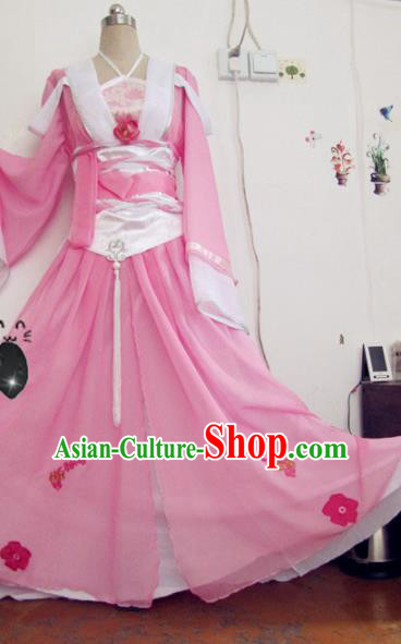 Chinese Traditional Cosplay Apsaras Costume Ancient Peri Princess Pink Hanfu Dress for Women