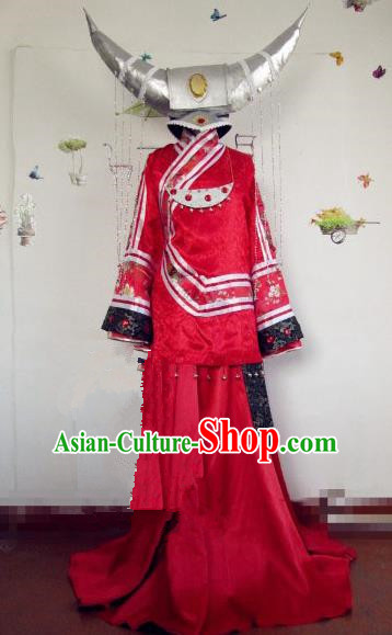 Chinese Traditional Miao Nationality Bride Costume Ancient Princess Hanfu Dress for Women
