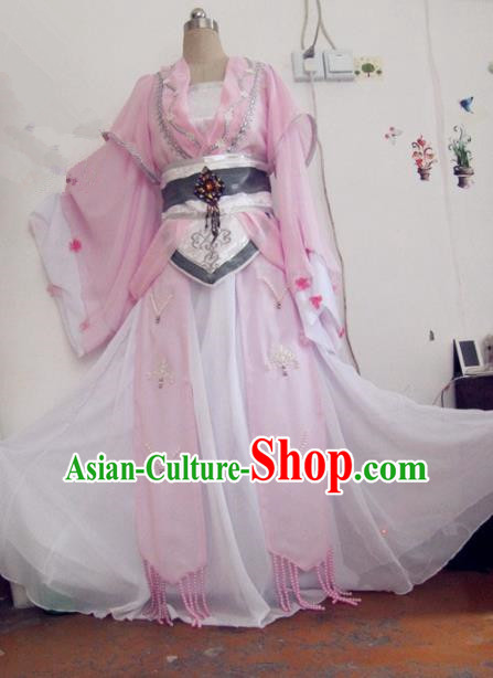 Chinese Traditional Cosplay Swordswoman Costume Ancient Peri Goddess Pink Hanfu Dress for Women