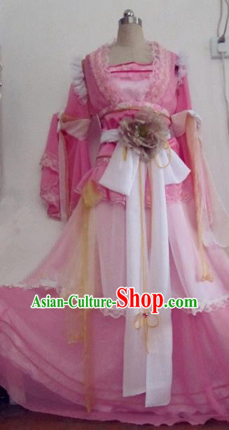 Chinese Traditional Cosplay Swordswoman Costume Ancient Peri Goddess Rosy Hanfu Dress for Women